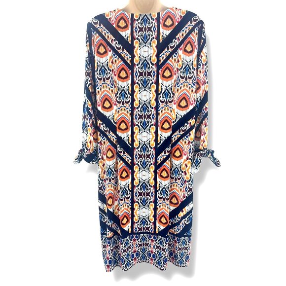 Chico's Size 2 = Large/12 Ikat Multi-Color Print V-Neck Tie-Sleeve Shift Dress - Picture 4 of 8